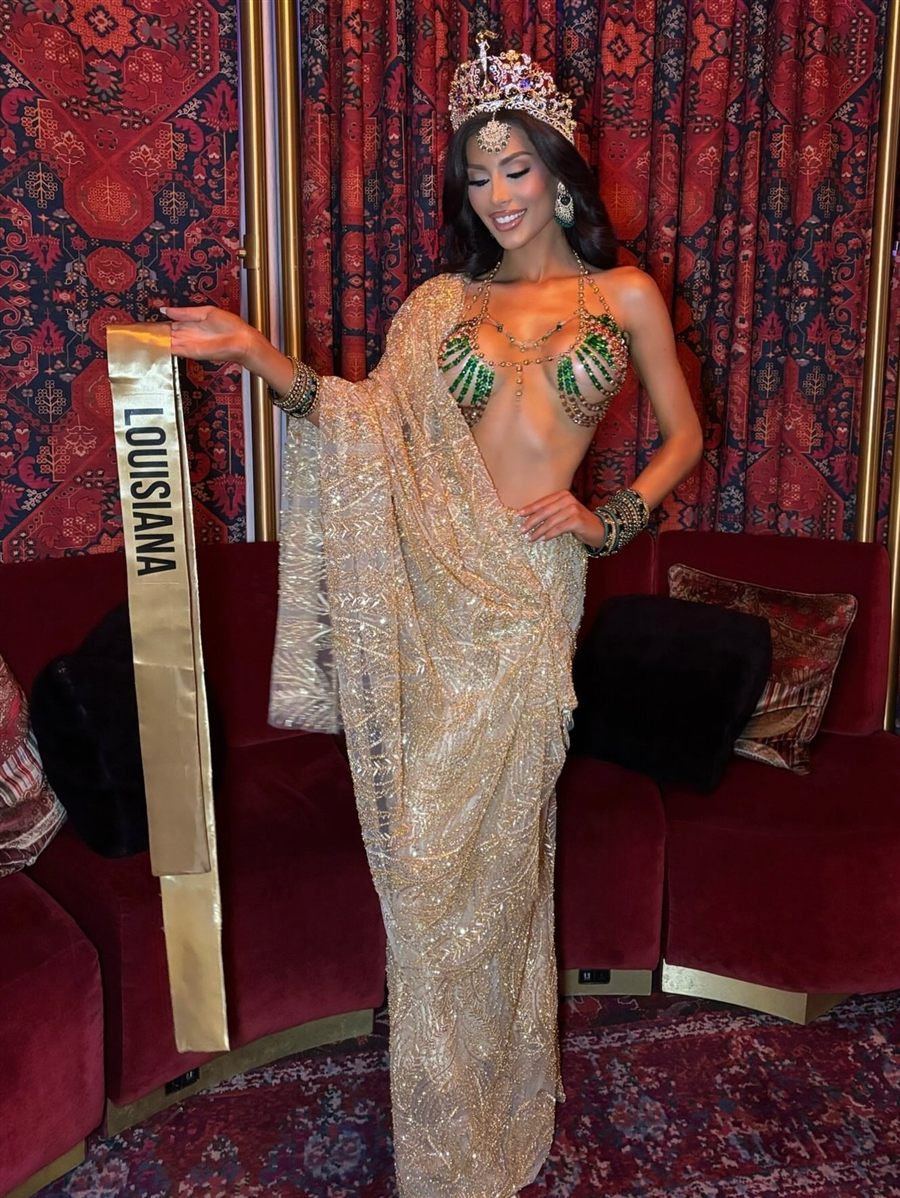 Gold-beaded pageant gown by Victor Marrufo